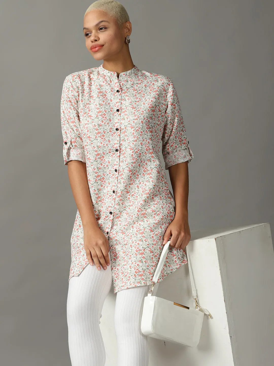Women White Floral Printed Casual Longline Shirt