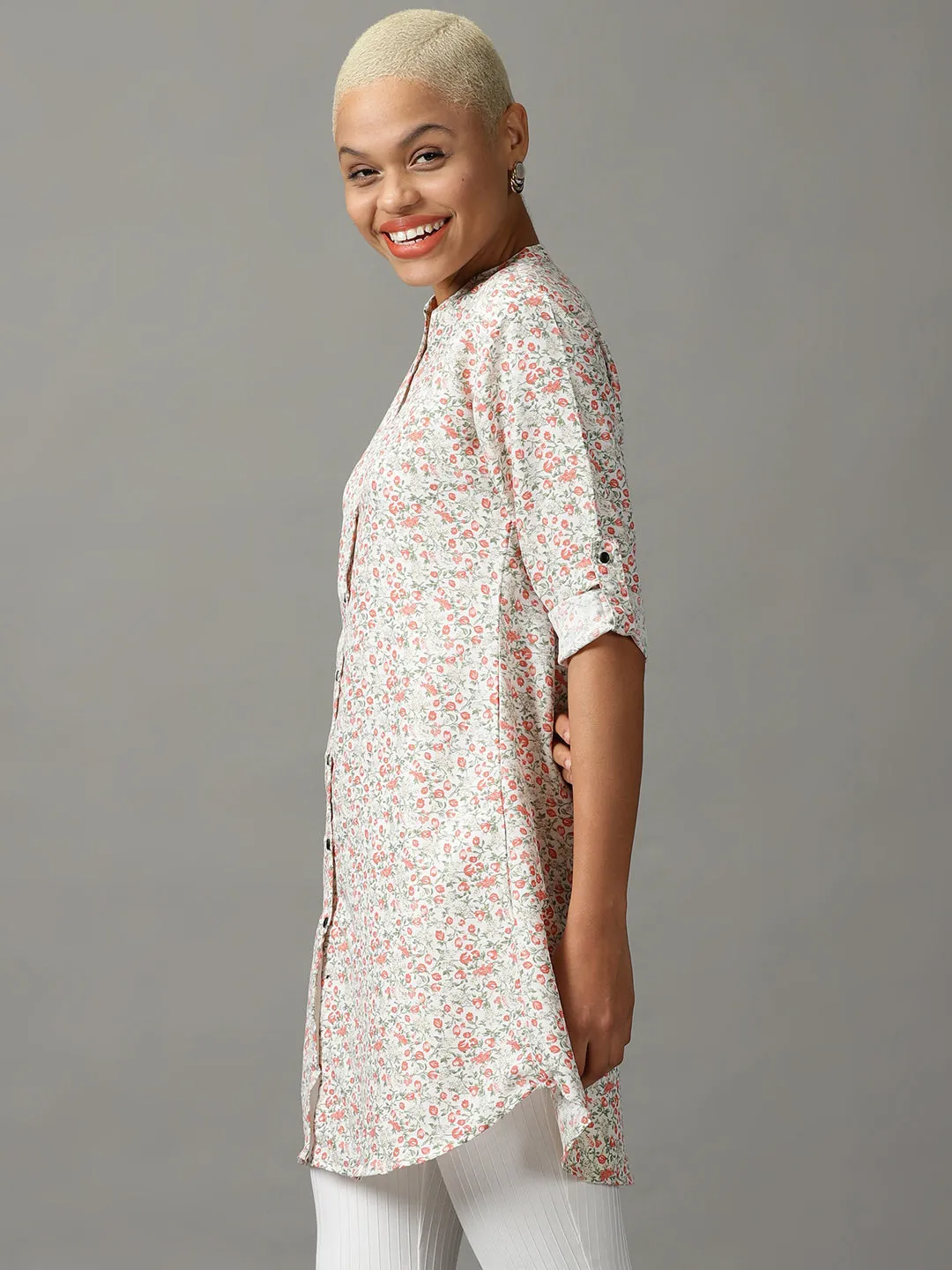 Women White Floral Printed Casual Longline Shirt