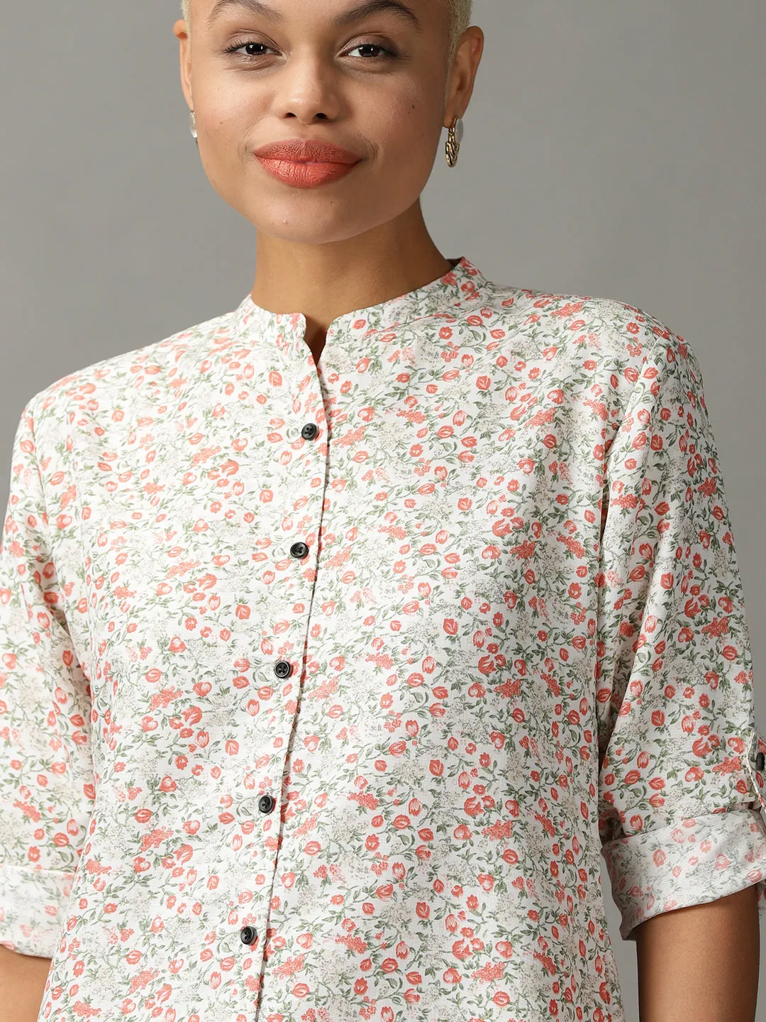Women White Floral Printed Casual Longline Shirt