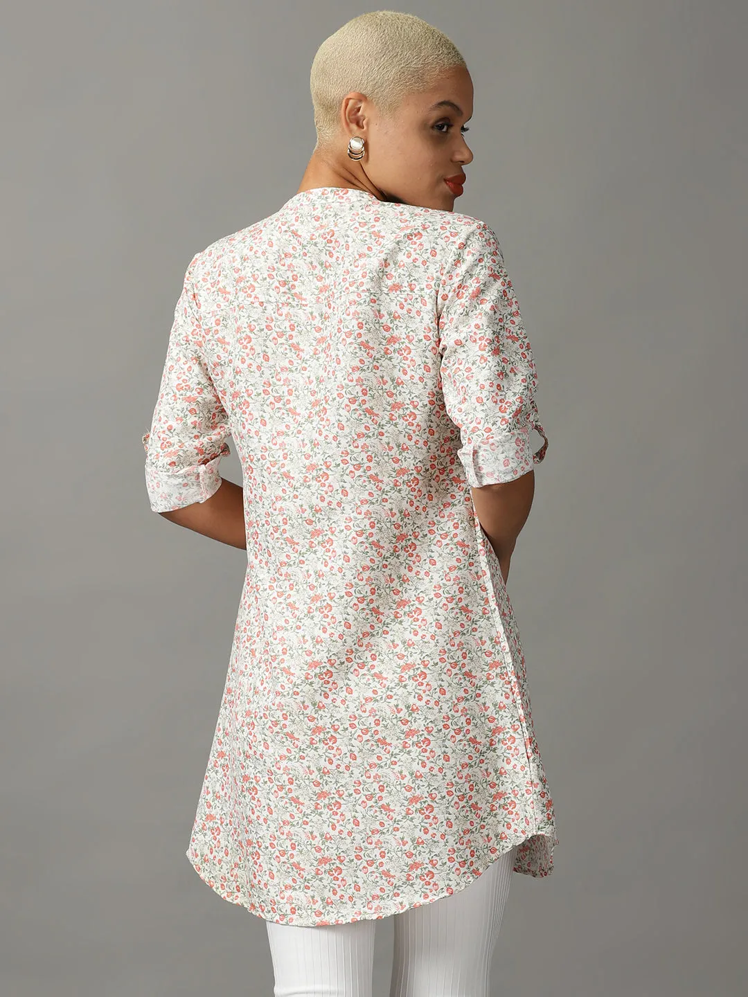 Women White Floral Printed Casual Longline Shirt