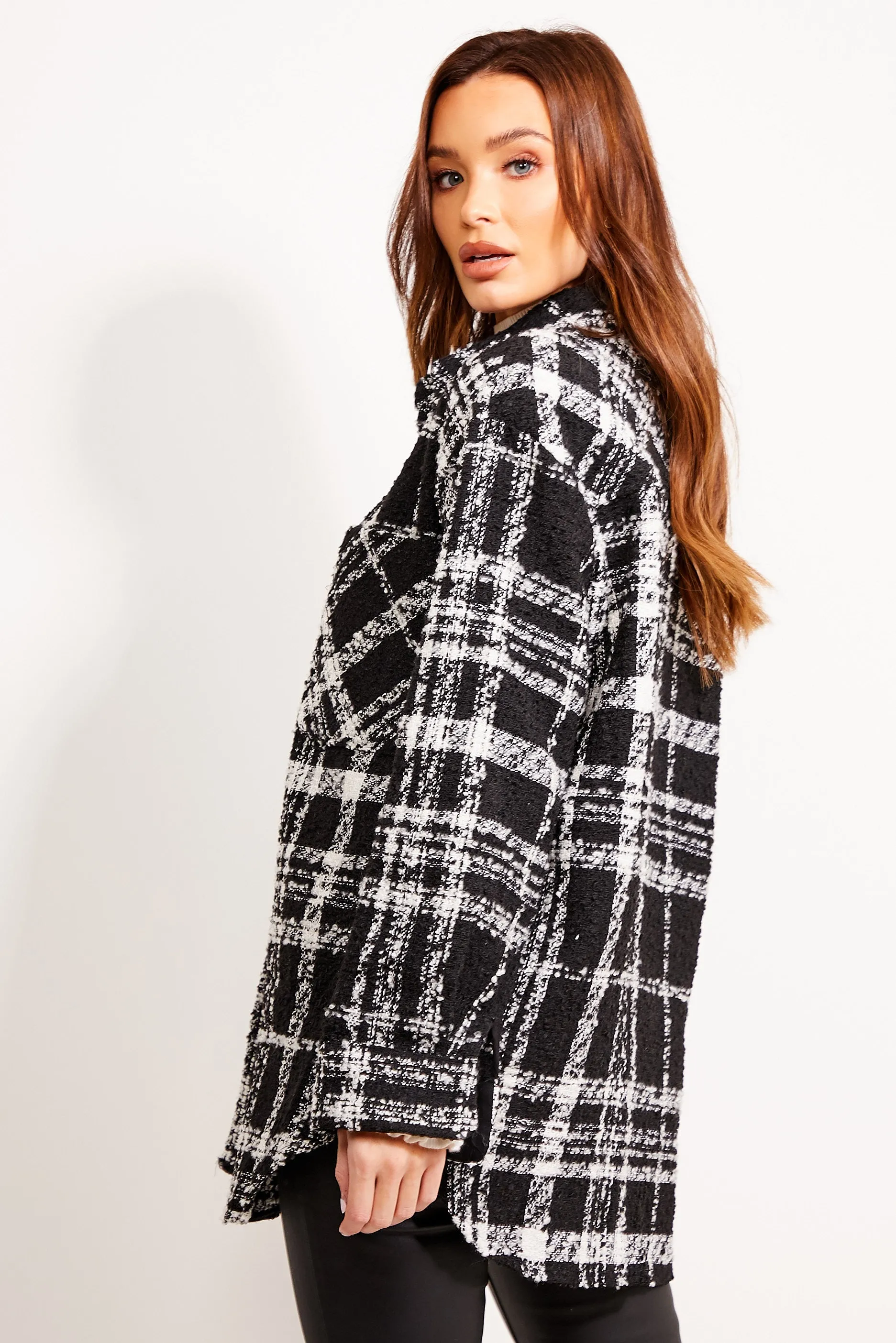 Wren Black and White Check Print Tweed Shacket