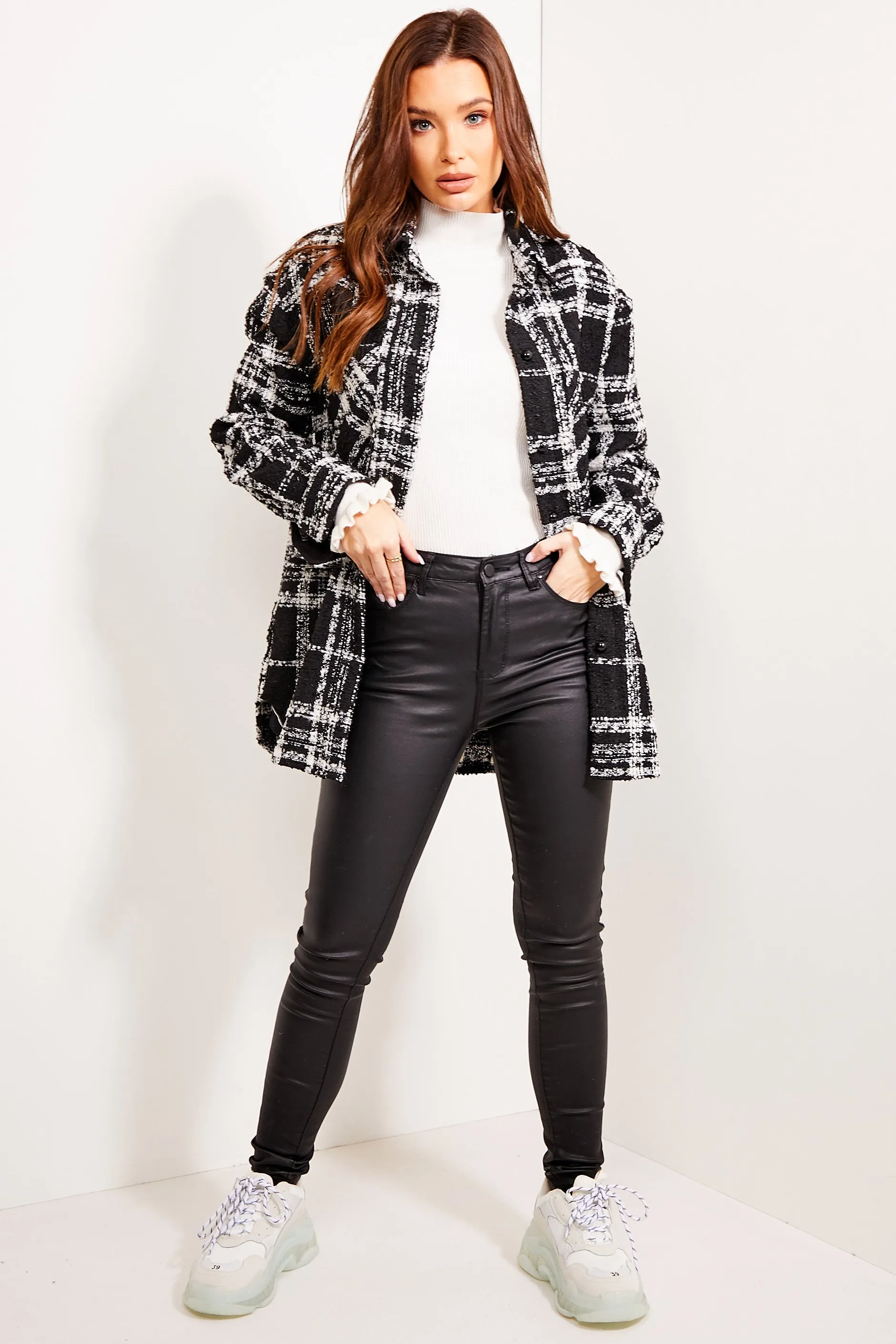 Wren Black and White Check Print Tweed Shacket