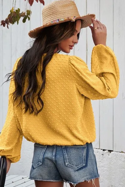 Yellow Long-Sleeved Dotted Wrap Top